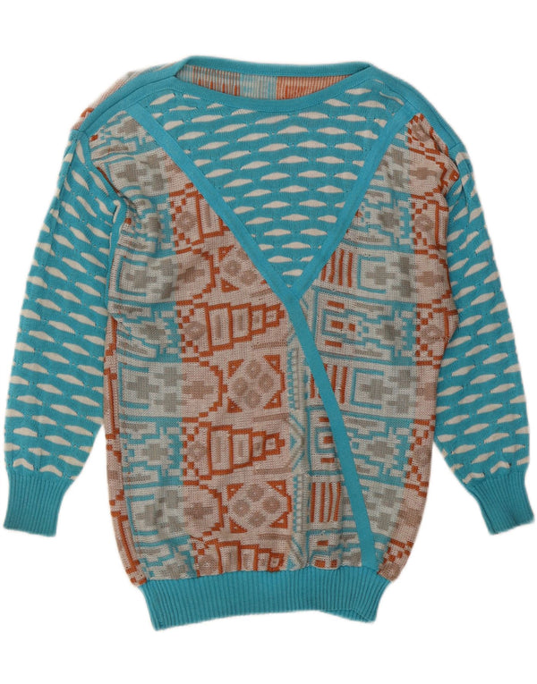 Sweter damski VINTAGE z dekoltem w łódkę UK 14 Średni niebieski geometryczny