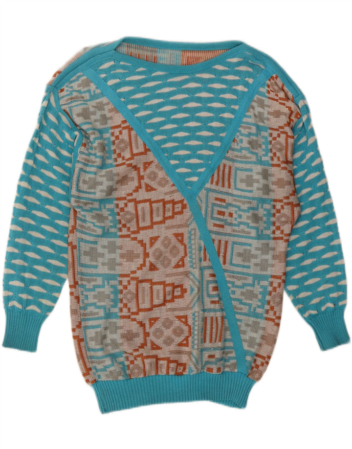 Sweter damski VINTAGE z dekoltem w łódkę UK 14 Średni niebieski geometryczny