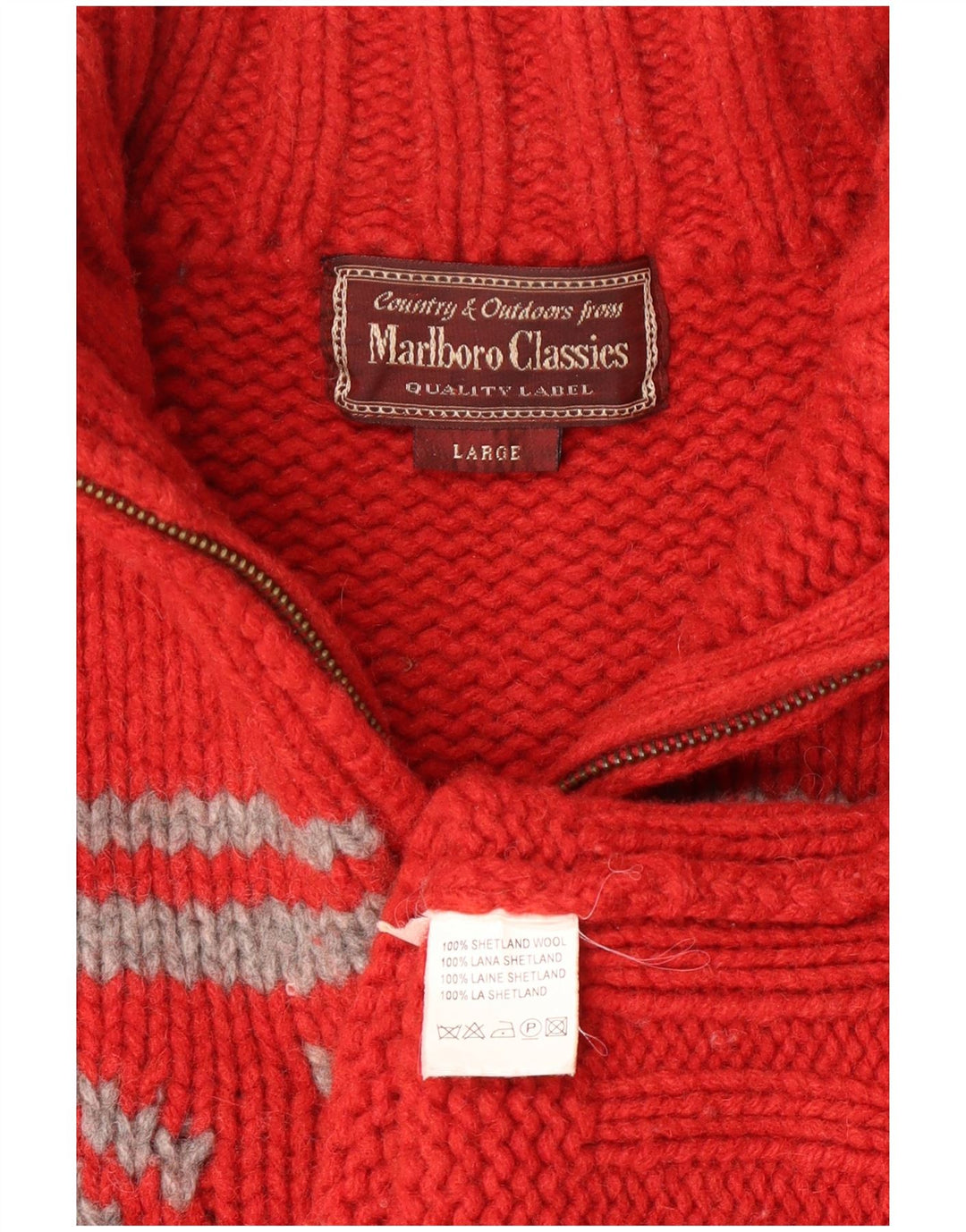 Marlboro Classics Damski sweter z zamkiem błyskawicznym, duży, czerwony, wełniany Fair Isle