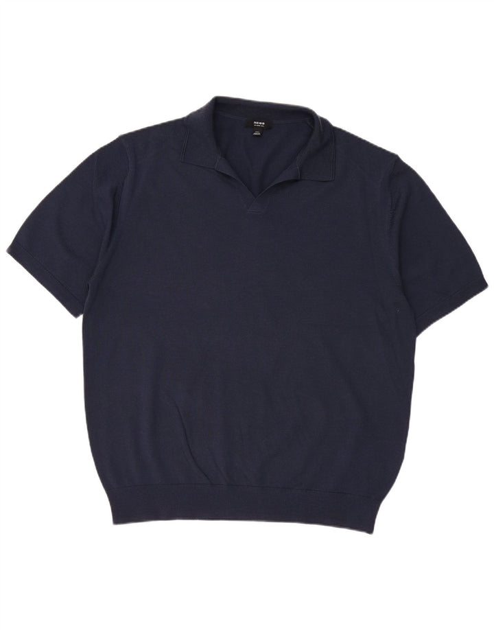 Męski sweter polo z krótkim rękawem REISS, 2XL, granatowo-wełniany
