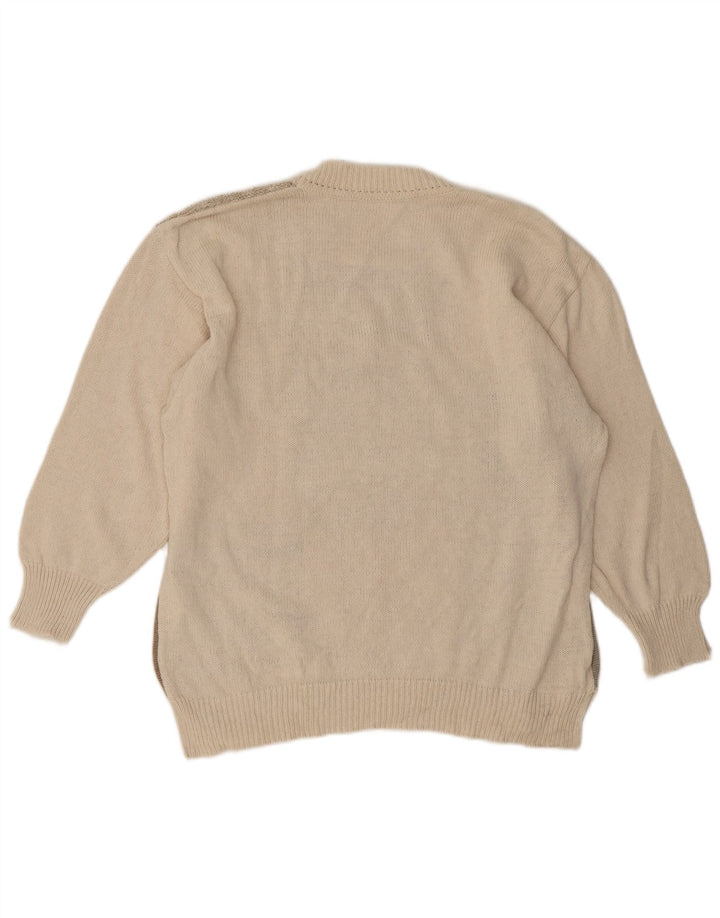 Sweter damski w stylu vintage z okrągłym dekoltem EU 42, duży beżowy patchwork