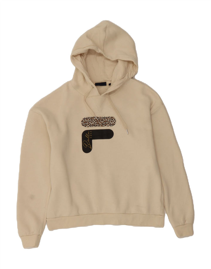 FILA Womens Graphic Hoodie Jumper UK 10 Small Off White Polyester Vintage Fila and Second-Hand Fila from Messina Hembry 
