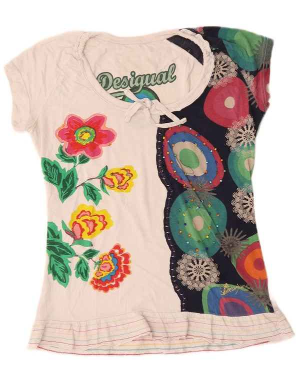 Damska koszulka z grafiką Desigual Top UK 14, duża, biała, z bawełny w kwiaty