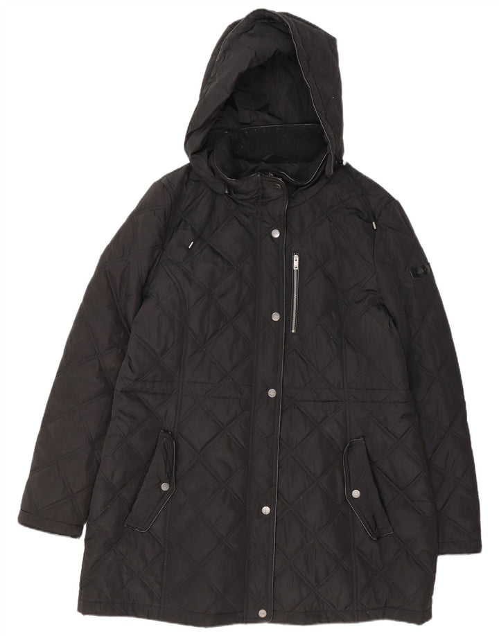 Damski pikowany płaszcz z kapturem DKNY UK 18 XL, czarny poliester