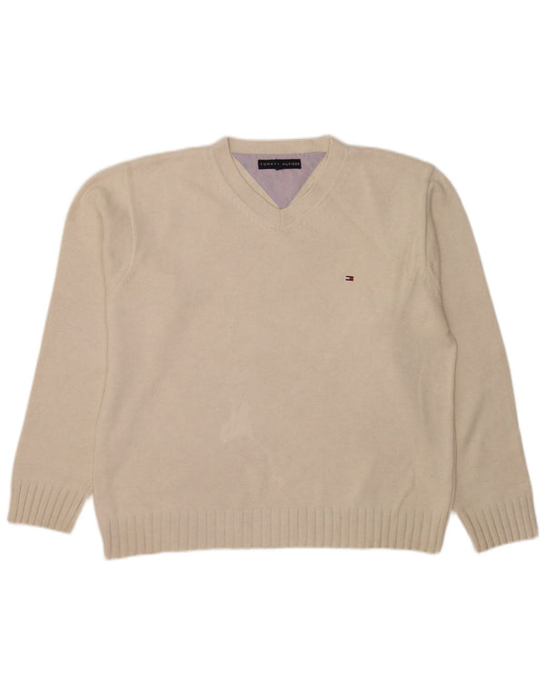 Męski sweter Tommy Hilfiger z dekoltem w kształcie litery V, XL, beżowa, bawełniana