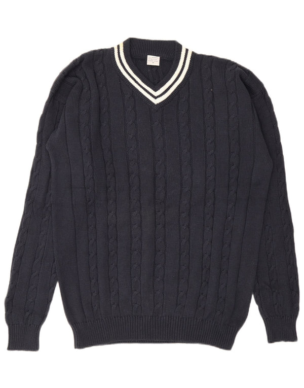 Vintage męski sweter z dekoltem w kształcie litery V, średni granatowy, bawełniany