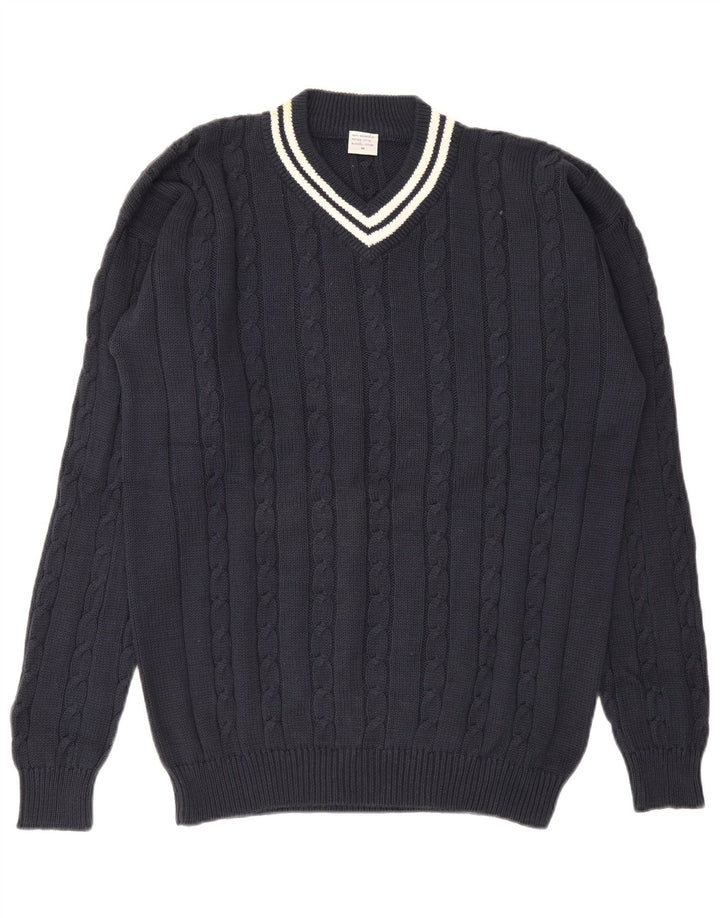 Vintage męski sweter z dekoltem w kształcie litery V, średni granatowy, bawełniany