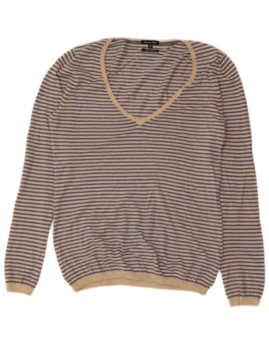 Sweter damski MASSIMO DUTTI z dekoltem w kształcie litery V, brytyjski 18 XL, kaszmirowy w niebieskie paski