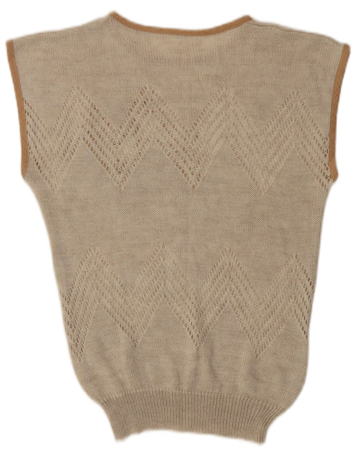 Vintage damski podkoszulek z kamizelką UK 12 średni beżowy kwiatowy akryl