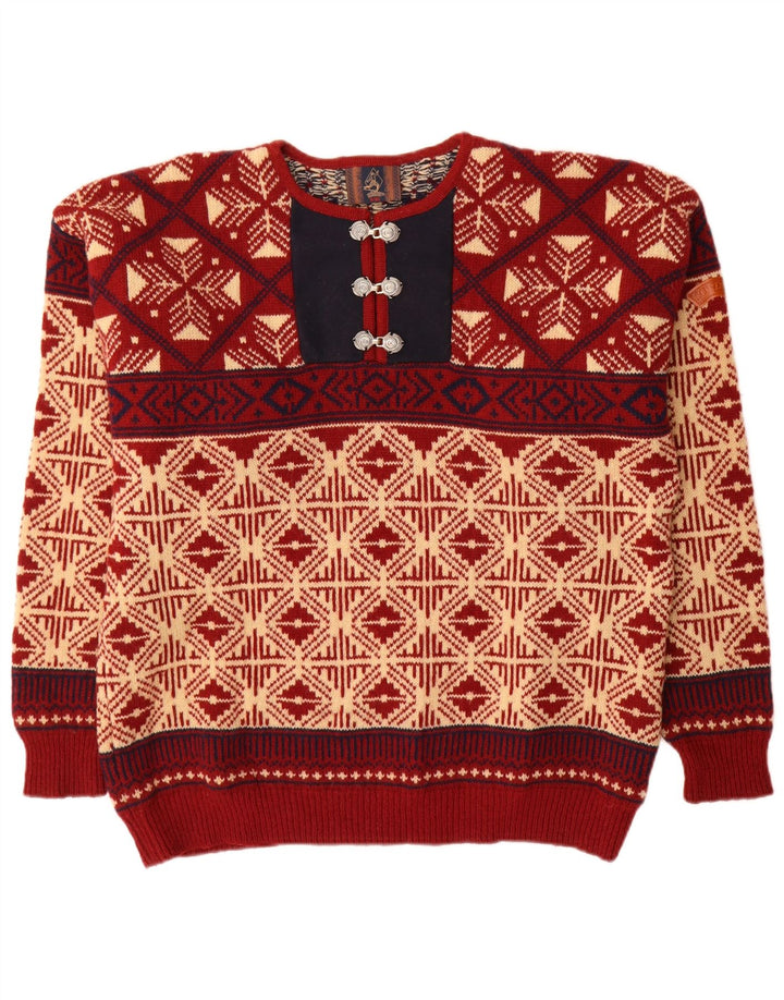 Sondre Męski sweter z okrągłym dekoltem, duży, czerwony, wełniany Fair Isle