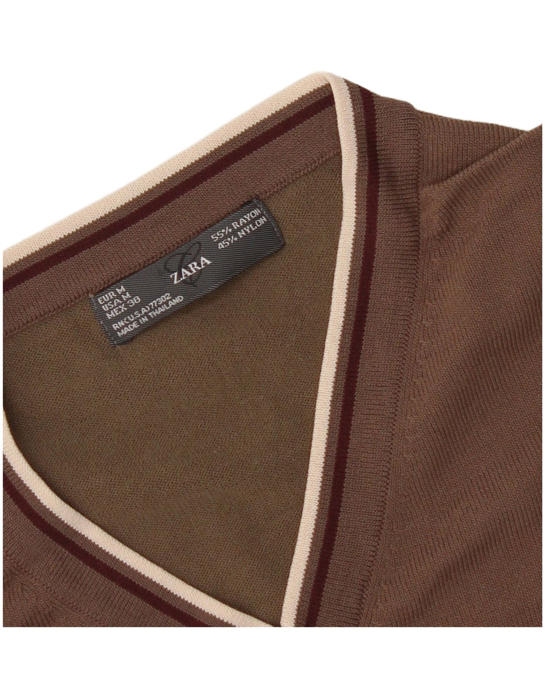 Męski sweter Zara z dekoltem w kształcie litery V, średniobrązowy sztuczny jedwab
