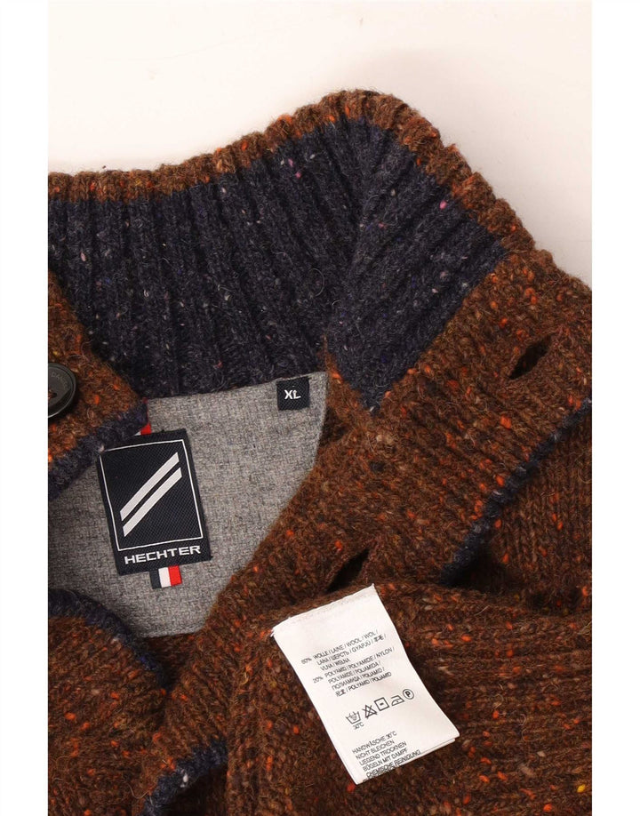 Vintage męski sweter zapinany na guziki, XL, brązowy, wełniany nakrapiany