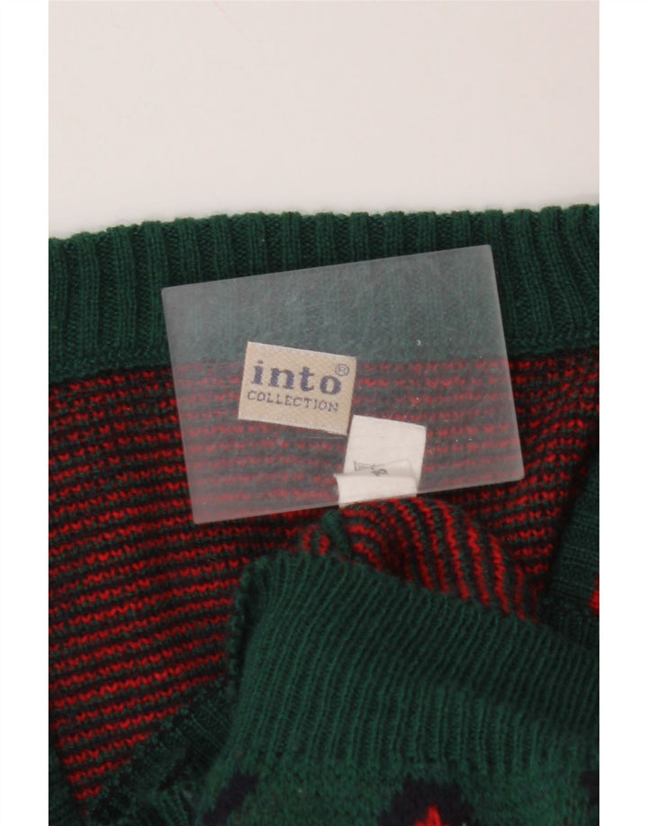 Męski sweter VINTAGE z dekoltem w kształcie litery V, średnio zielony, argyle/diamentowa wełna