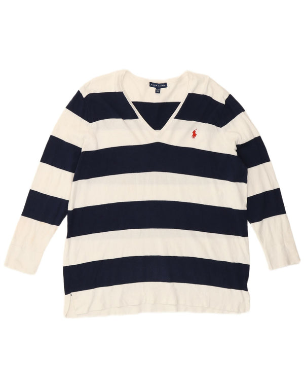 Damski sweter z dekoltem w kształcie litery V, Ralph Lauren, UK 18 XL, granatowy w paski