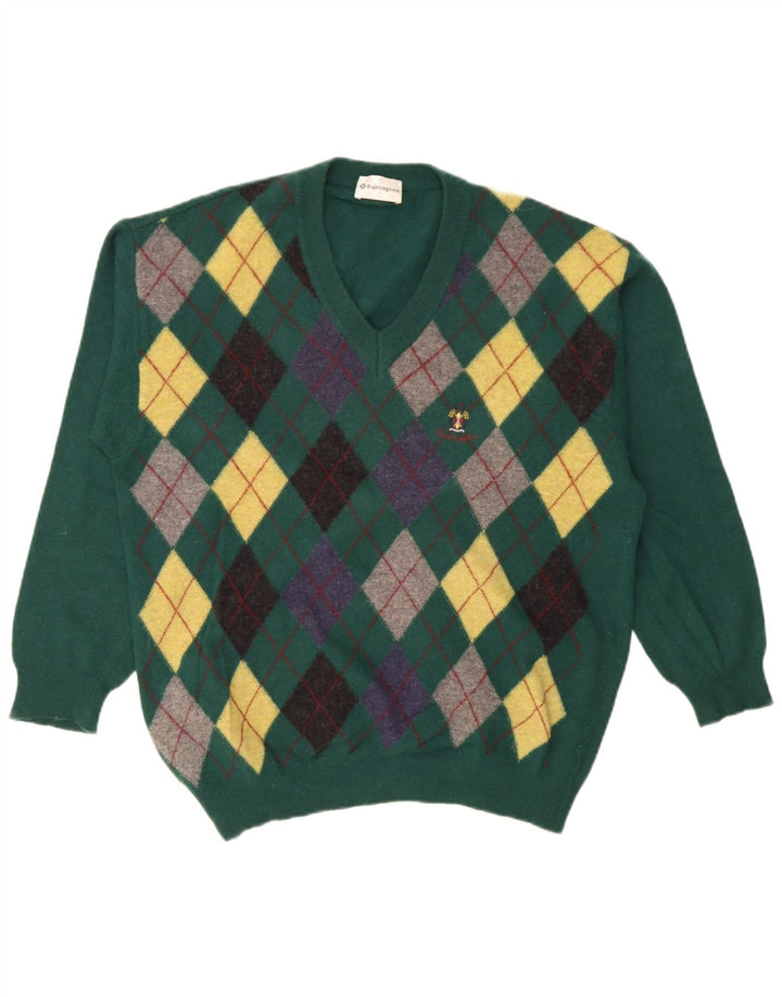 Męski sweter Burlington z dekoltem w kształcie litery V IT 52, duży, zielony, argyle/diamentowa wełna