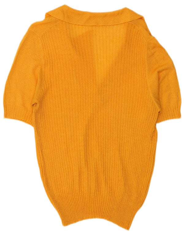 Sweter damski z krótkim rękawem i dekoltem w stylu vintage, UK 10, mały, żółty