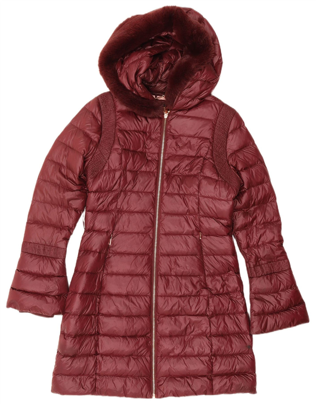 Damski ocieplany płaszcz z kapturem Ted Baker, rozmiar 2, mały, bordowy poliamid