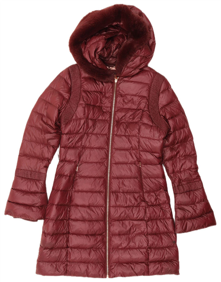 Damski ocieplany płaszcz z kapturem Ted Baker, rozmiar 2, mały, bordowy poliamid