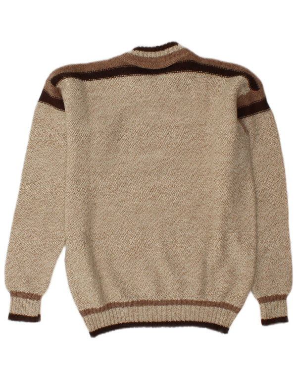 Vintage męski sweter z wycięciem pod szyją, średni beżowy akryl w blokach kolorystycznych
