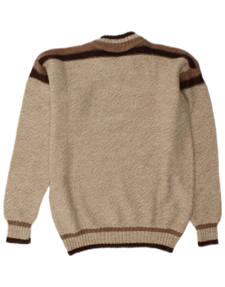 Vintage męski sweter z wycięciem pod szyją, średni beżowy akryl w blokach kolorystycznych