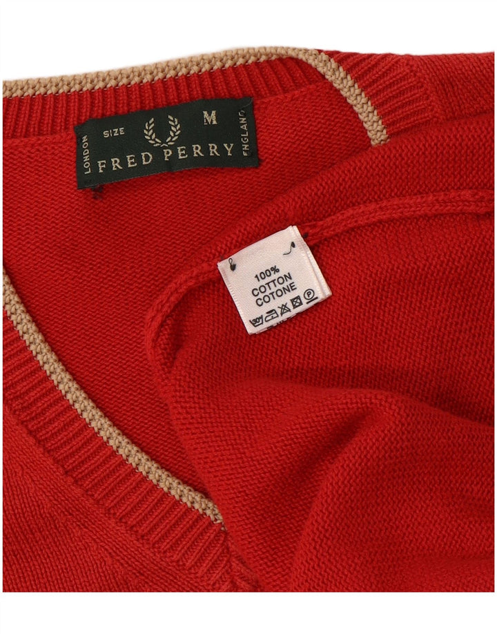 FRED PERRY Męski sweter z dekoltem w kształcie litery V, średnioczerwony, bawełniany