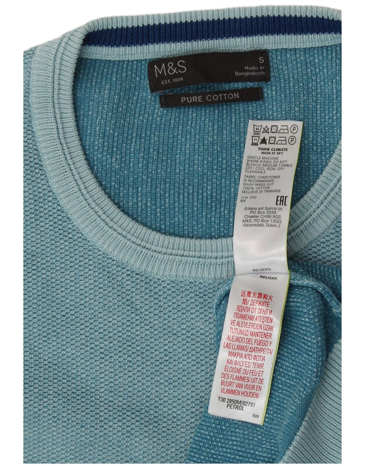 Marks & Spencer Męski sweter z okrągłym dekoltem, mały, turkusowy, bawełniany