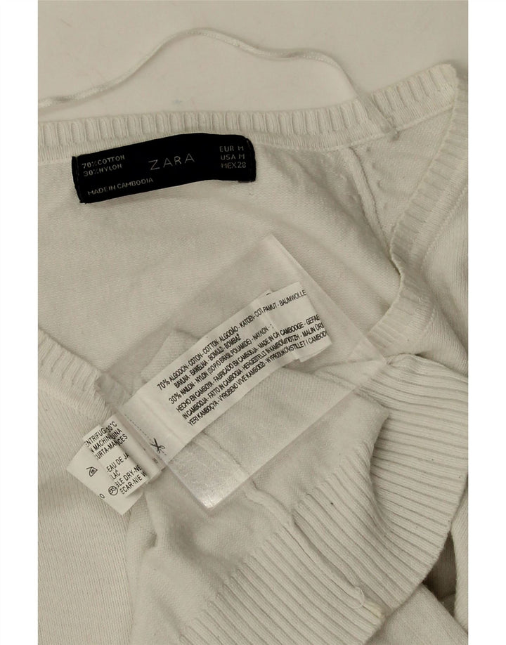 Sweter damski Zara z dekoltem w kształcie litery V, UK 12, średni biały bawełniany