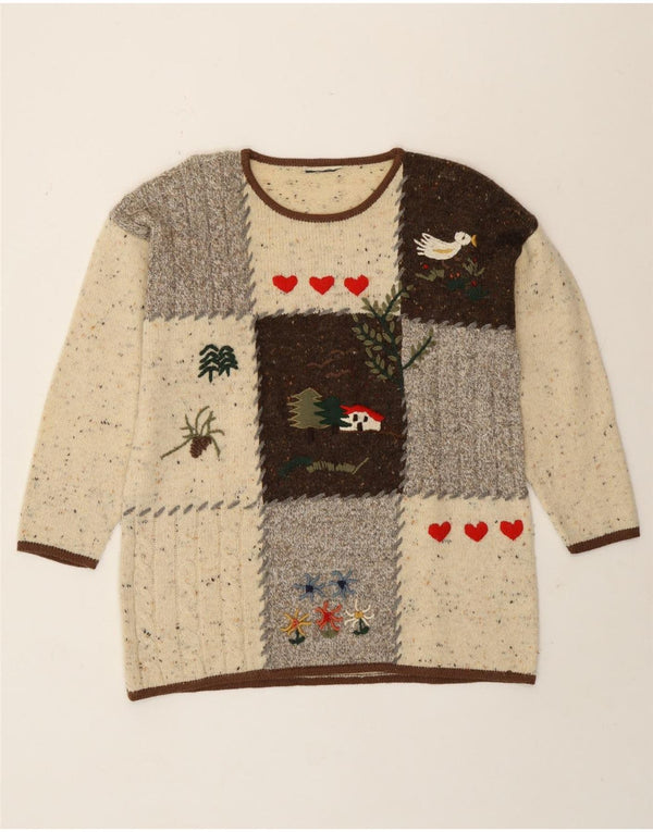 Sweter damski w stylu vintage z okrągłym dekoltem UK 16, duży beżowy patchwork Nowość