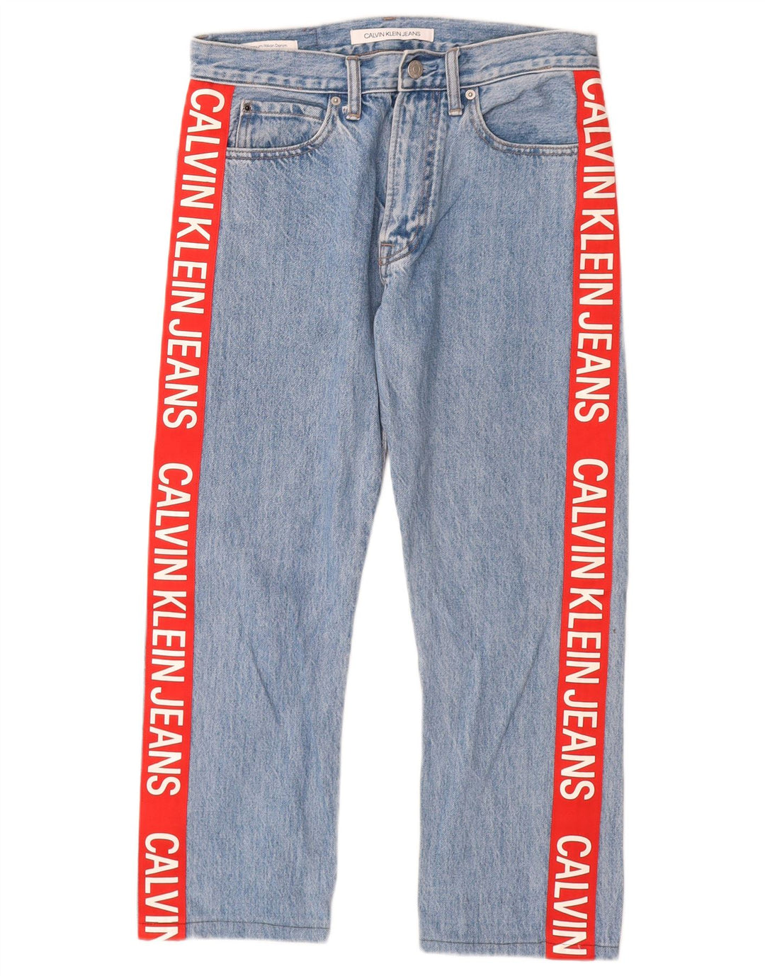 Damskie dżinsy CALVIN KLEIN Graphic Straight W29 L25 Bawełniana niebieska z blokami kolorów