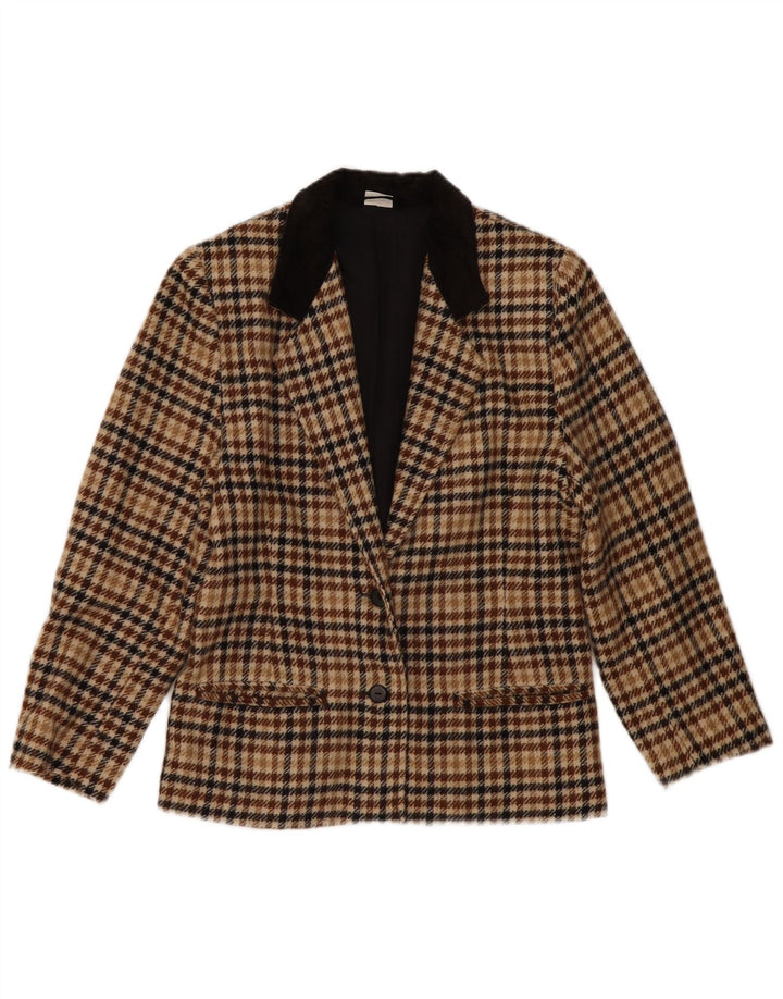 Vintage damska marynarka zapinana na 2 guziki UK 14 w kolorze średniego beżu w pepitkę