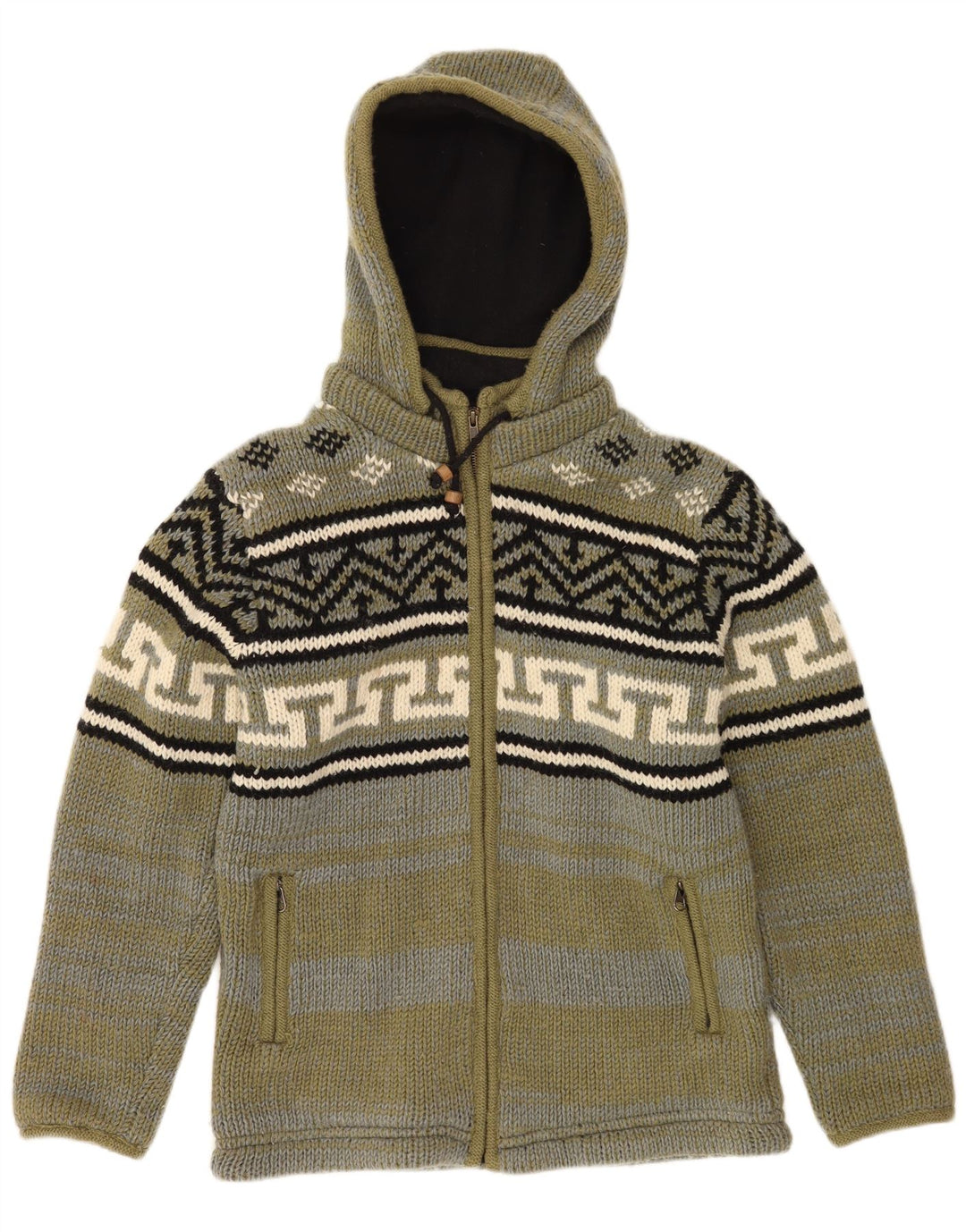 Męski sweter rozpinany z kapturem w stylu VINTAGE, średni khaki, wełna Fair Isle