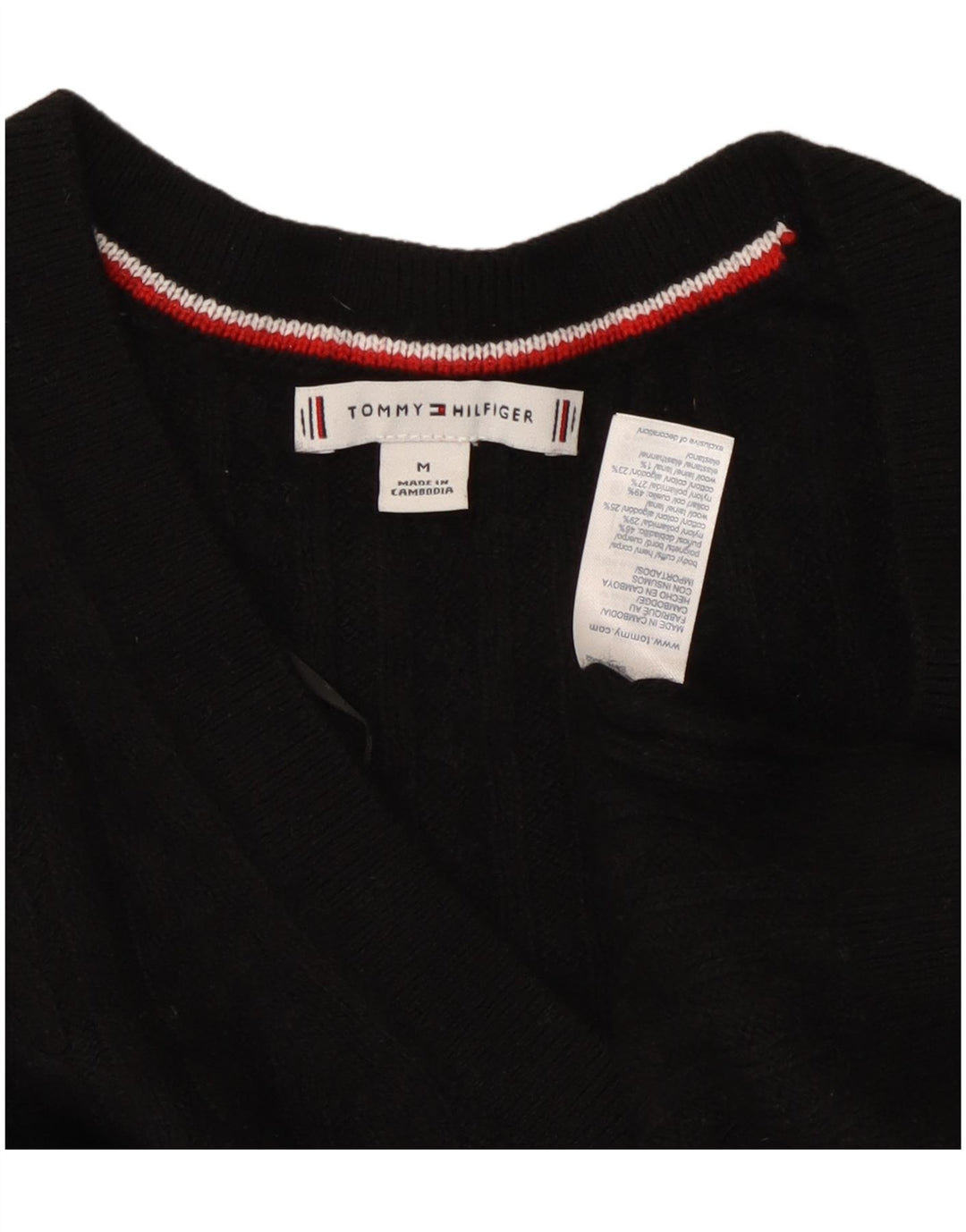 Damski sweter TOMMY HILFIGER z dekoltem w kształcie litery V, UK 14, średni czarny nylon