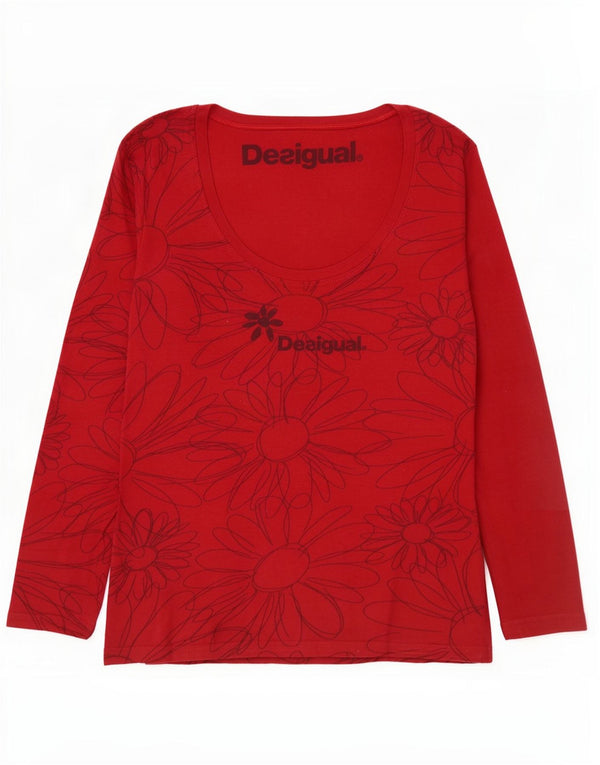 Desigual damski top graficzny z długim rękawem UK 14, duży, czerwony, bawełniany w kwiaty
