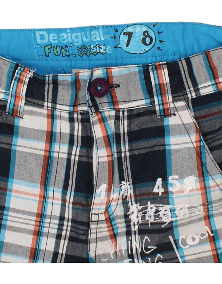 DESIGUAL Boys Graphic Cargo Shorts 7-8 Years W24 Navy Blue Check Polyester Vintage Desigual and Second-Hand Desigual from Messina Hembry 