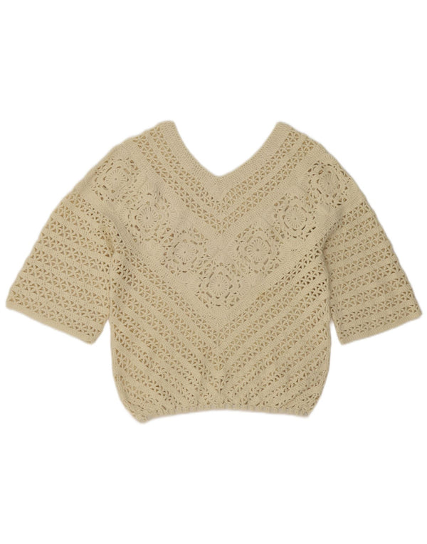 Vintage damski sweter z rękawem 3/4 i dekoltem w kształcie litery V, UK 12, średni złamanej bieli