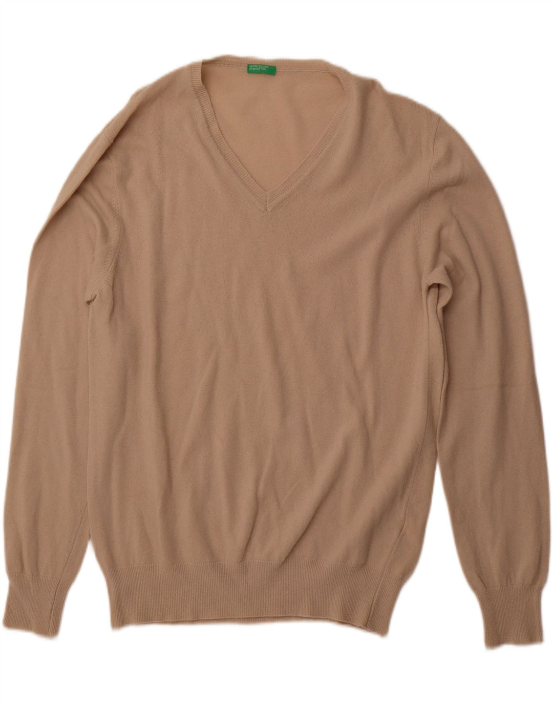 BENETTON Męski sweter z dekoltem w kształcie litery V XL, beżowa wełna