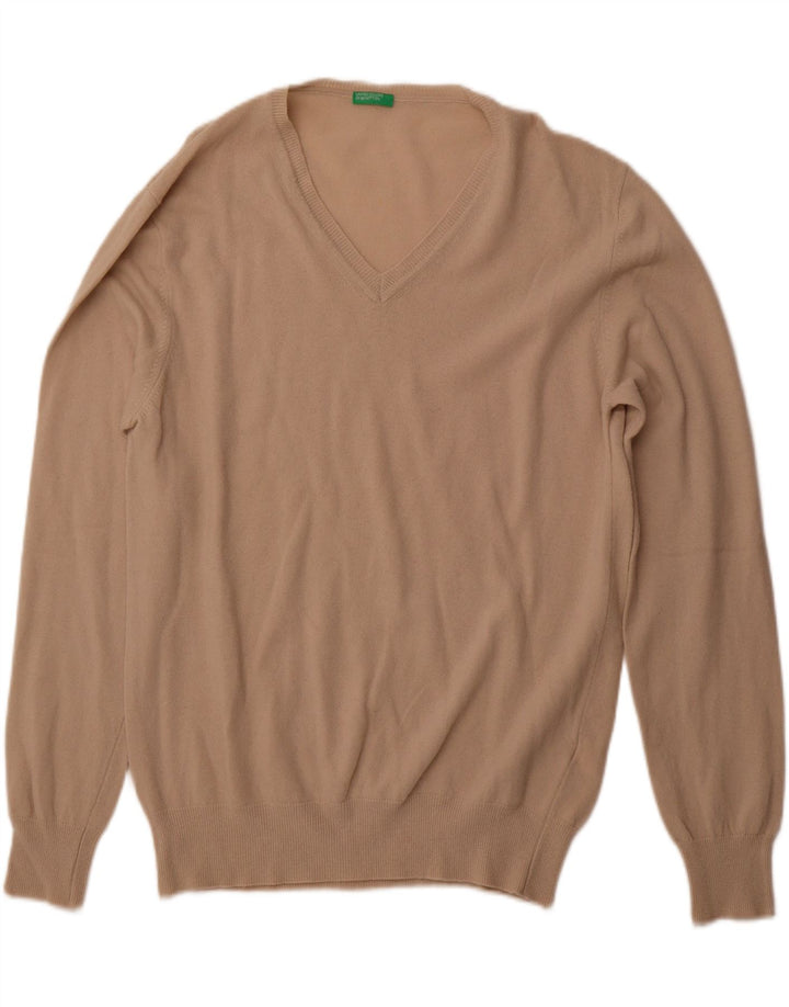BENETTON Męski sweter z dekoltem w kształcie litery V XL, beżowa wełna