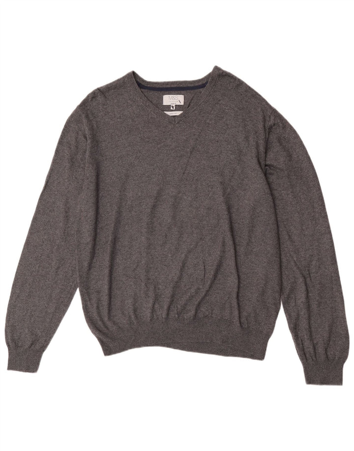 Marks & Spencer Męski sweter o regularnym kroju z dekoltem w kształcie litery V, XL, szary, bawełniany