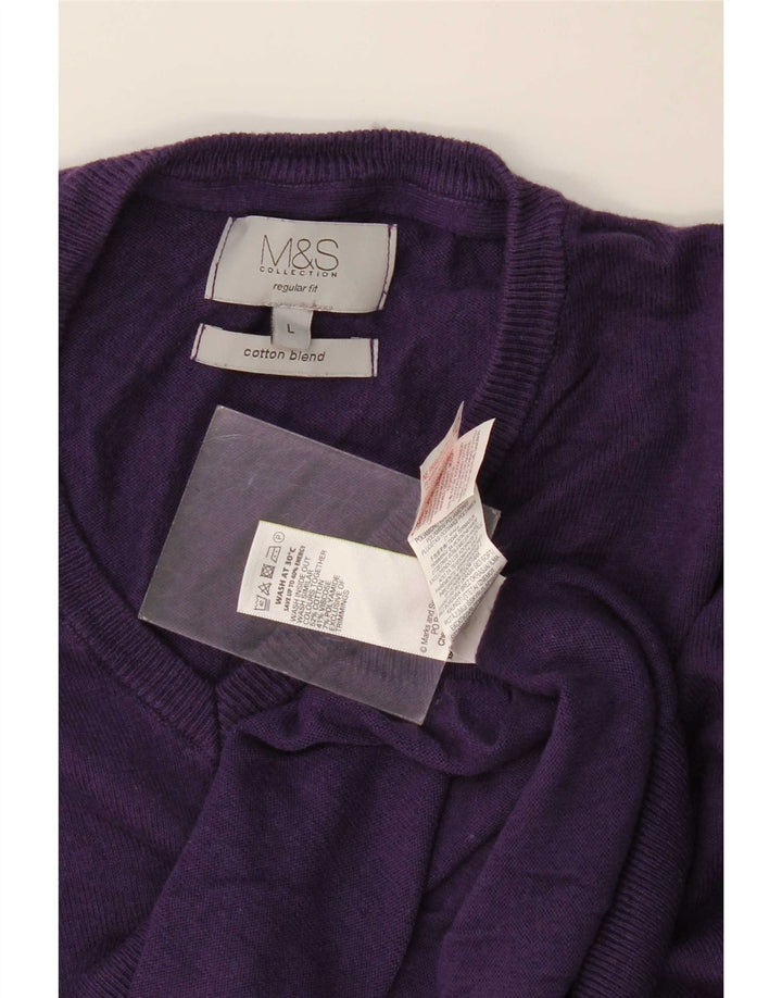 Marks & Spencer Męski sweter o regularnym kroju z dekoltem w kształcie litery V, duży, fioletowy, bawełniany