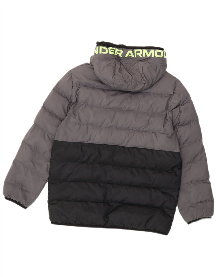 Chłopięca wyściełana kurtka z kapturem Under Armour z graficznym wzorem, 12-13 lat, szara, z blokami kolorów
