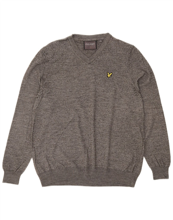Męski sweter z dekoltem w kształcie litery V, Lyle & Scott, duży, szary, nakrapiany, z wełny merynosów