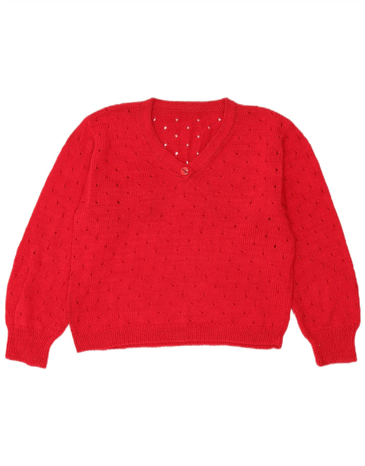 Vintage damski sweter z dekoltem w kształcie litery V, UK 12, średni czerwony