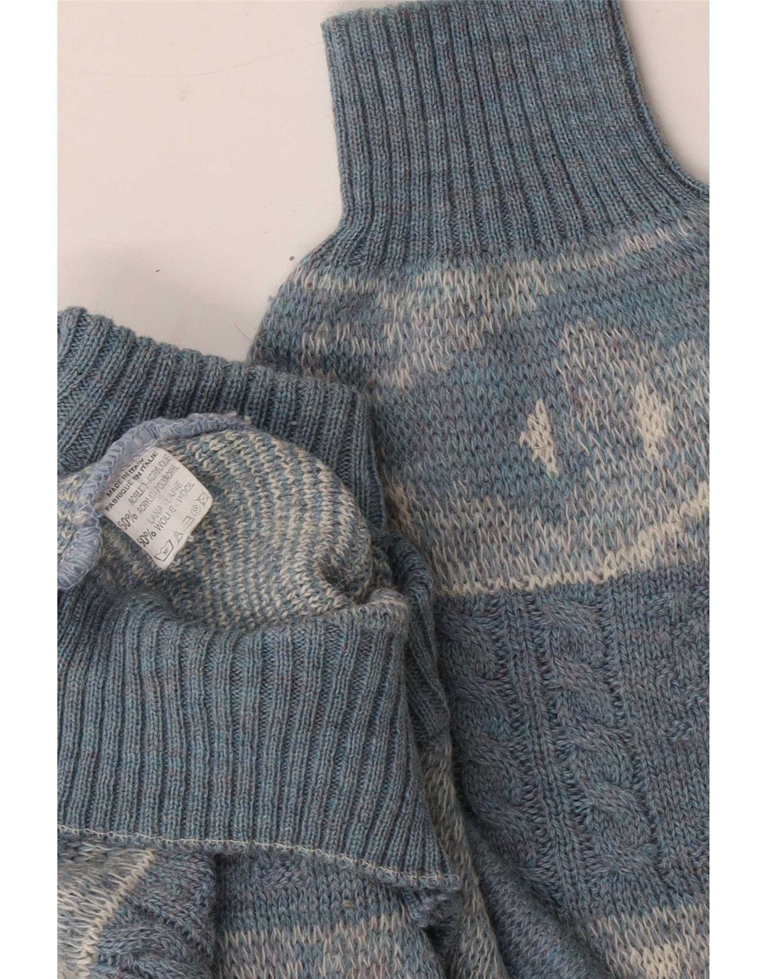 Vintage męski sweter z okrągłym dekoltem, duży niebieski geometryczny akryl