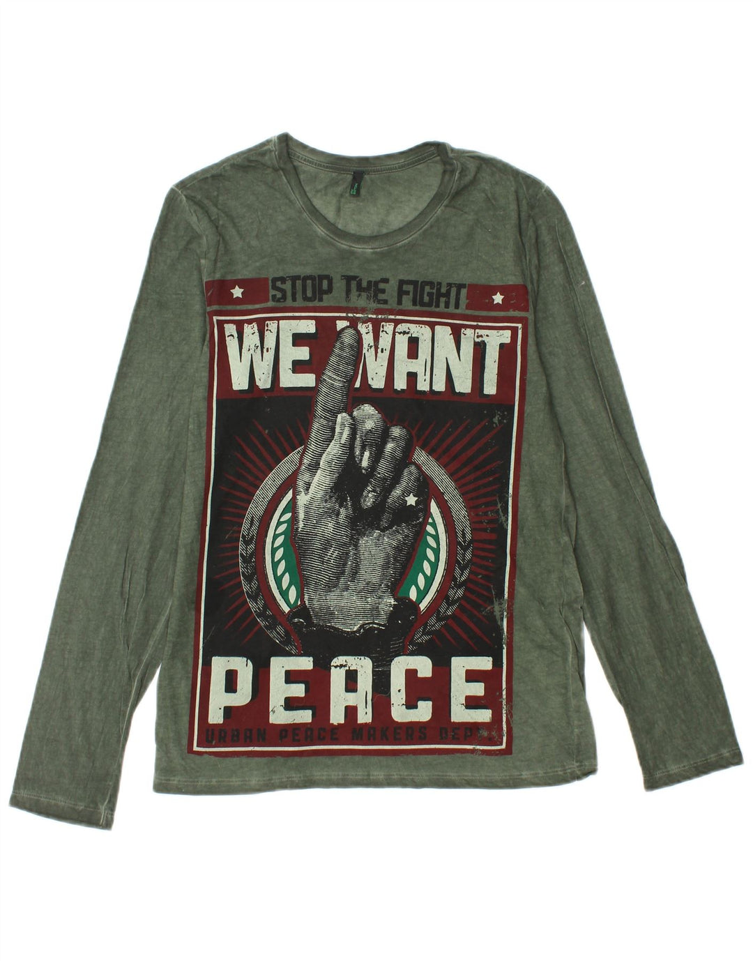 Męski top graficzny BENETTON z długim rękawem, mały, zielony, bawełniany