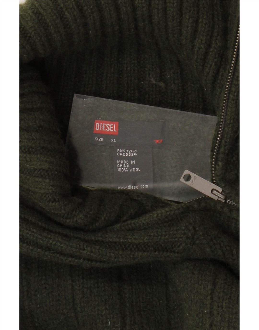 Damski sweter z zamkiem DIESEL UK 18 XL, wełna khaki