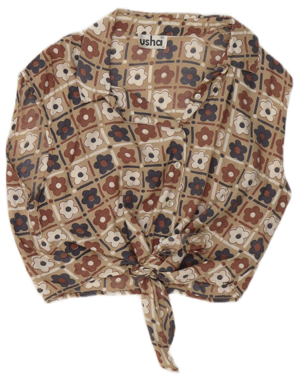 Damski krótki top Usha z krótkim rękawem, wiązany z przodu, UK 18 XL, beżowy w kwiaty