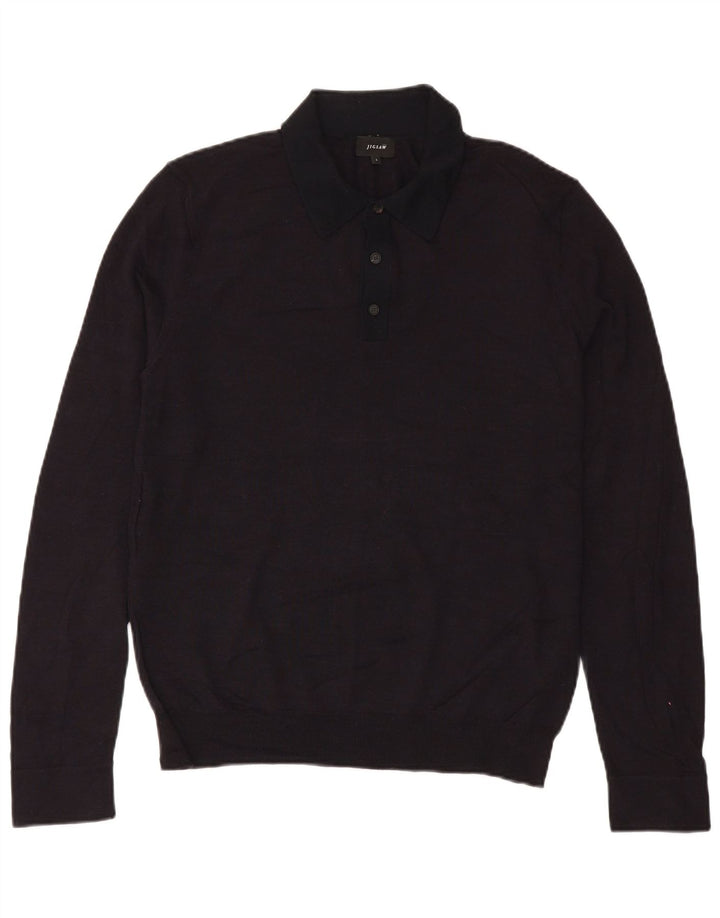 Jigsaw Męski sweter polo, duży, czarny, wełniany