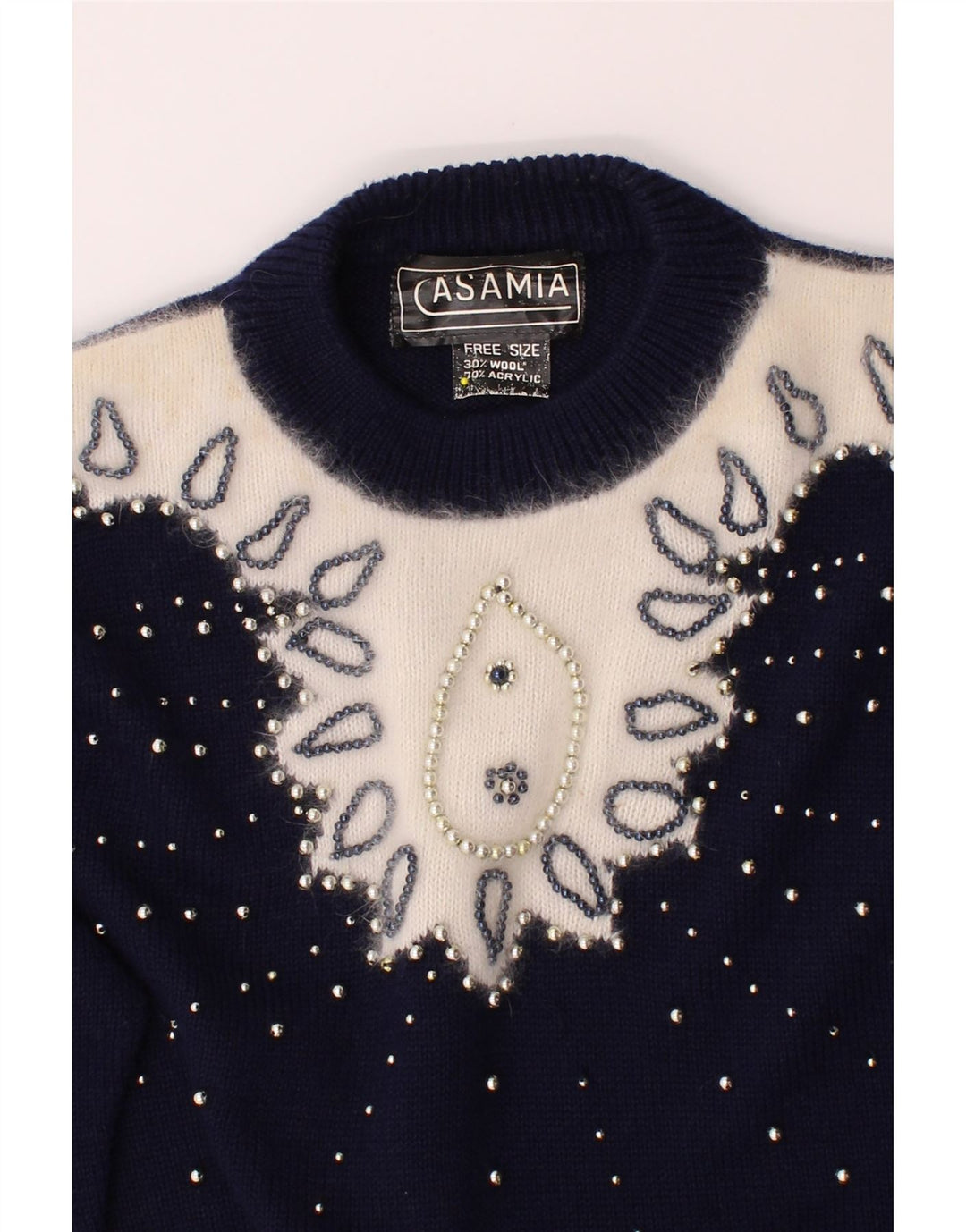 CASAMIA Womens Crew Neck Jumper Sweater One Size Navy Blue Colourblock Vintage Casamia and Second-Hand Casamia from Messina Hembry 