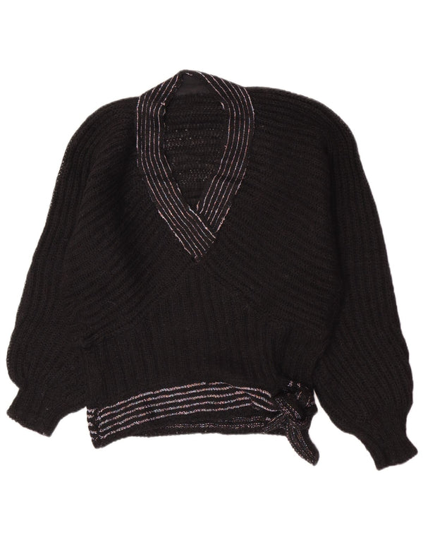 Sweter damski w stylu vintage z dekoltem w kształcie litery V, UK 14, średni, czarny, w paski, retro
