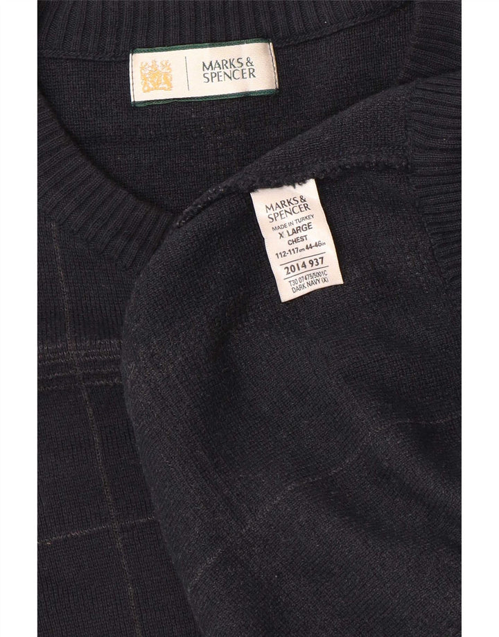 Marks & Spencer Męski sweter z okrągłym dekoltem XL, granatowy, bawełniany w kratkę